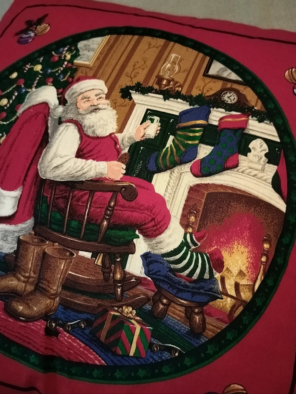 VTG 90's Christmas Santa Claus Throw Pillow Rocking Chair Stockings 15